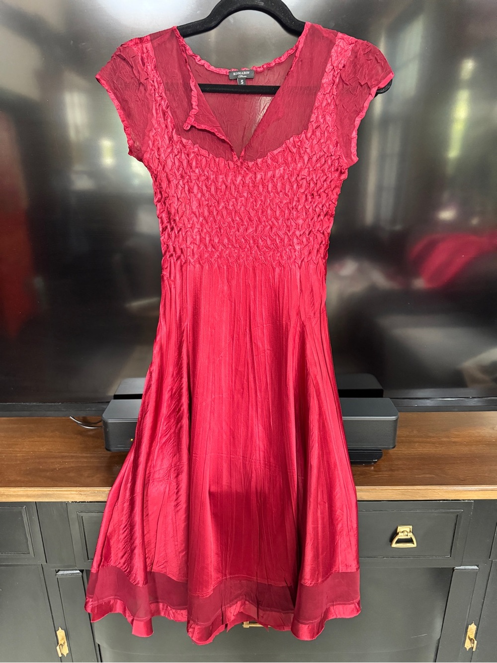 Komarov Raspberry Red Smocked Bodice Tiered Dress